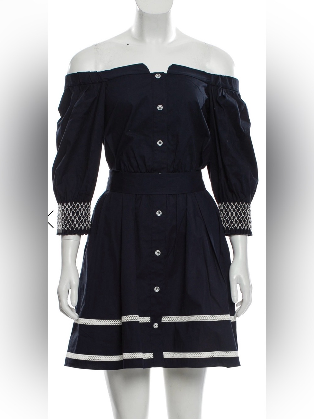 Tanya Taylor Off-Shoulder Navy Button-Front Dress with Smocked Cuffs 2